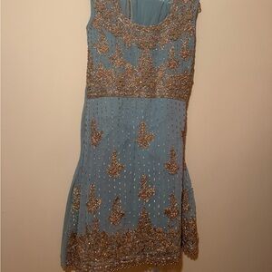 Elegant Blue and Gold Embellished Dress